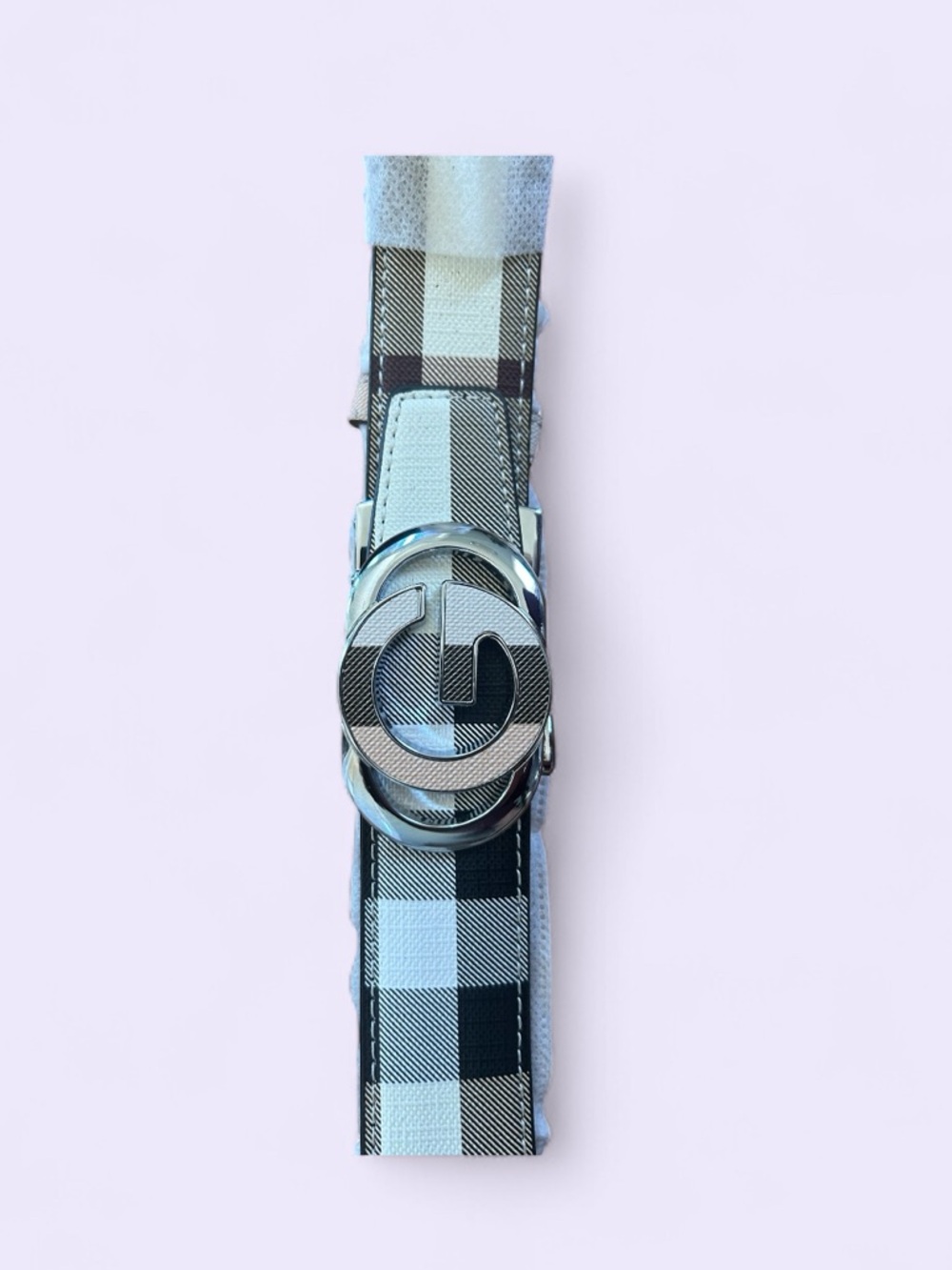 Designer Inspired -Black & White Check Signature G Buckle Belt-